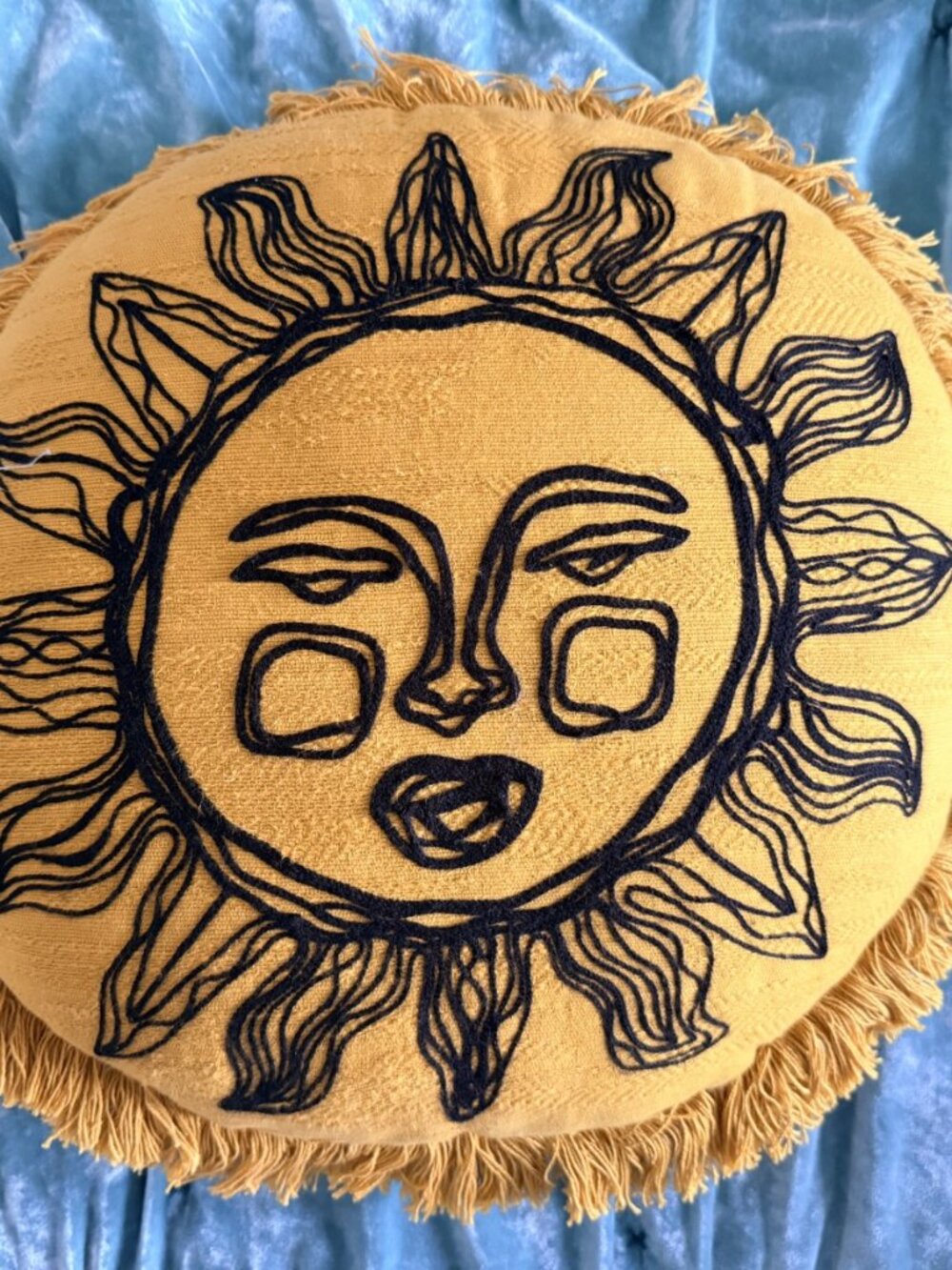 Round Mustard Sun Face Embroidered Throw Pillow Fringe Boho Celestial